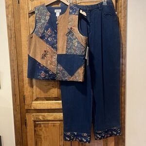 Vtg Stonebridge Patchwork & Denim Front Zip Vest Medium Matching Pants Sz 14 NWT